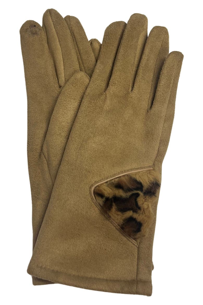 Cheetah Print Faux Fur Trim Gloves, Main, color, TAUPE