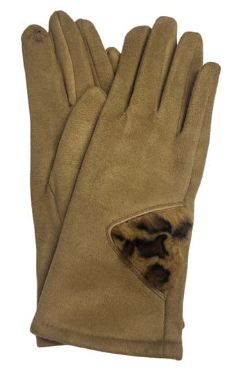 Marcus Adler Cheetah Print Faux Fur Trim Gloves In Taupe
