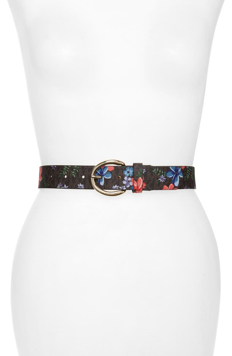 Michael Kors Floral Monogram Faux Leather Belt, Main, color, 