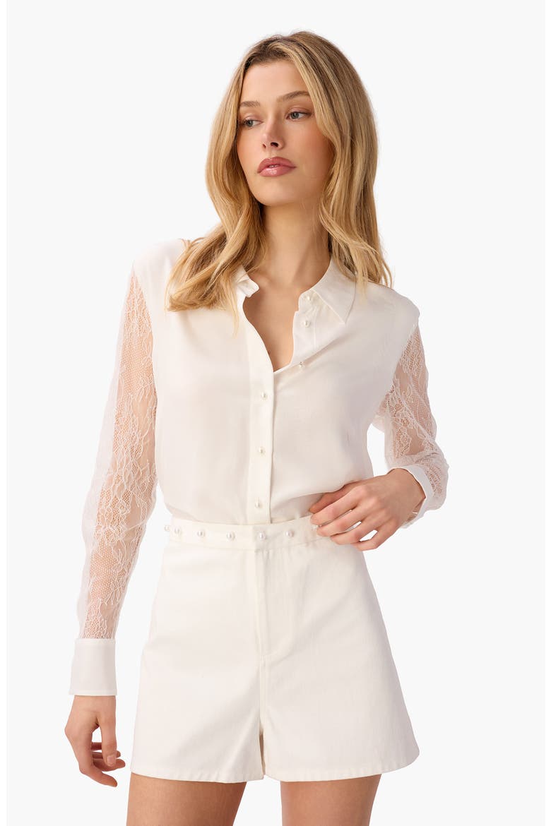 Chelsey Lace Sleeve Silk Chiffon Button-Up Shirt, Alternate, color, WHITE