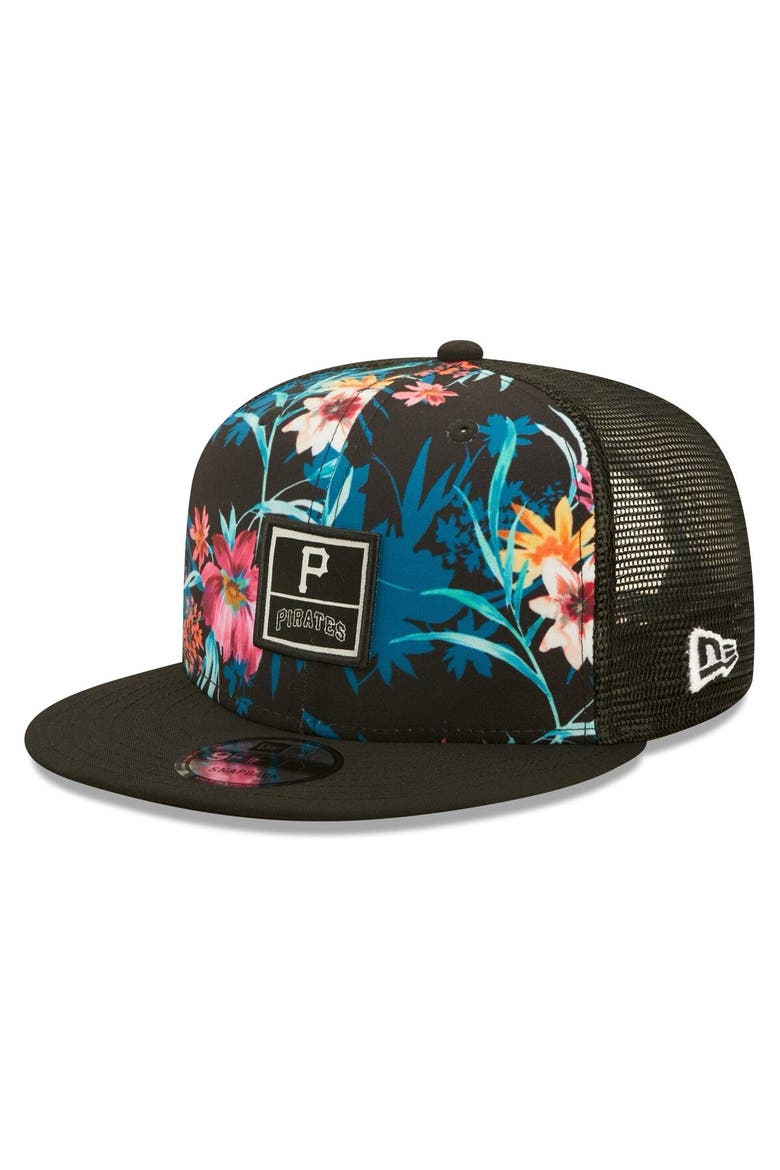 Men's New Era Black Pittsburgh Pirates Tropic Trucker 9FIFTY Snapback Hat, Main, color, Black