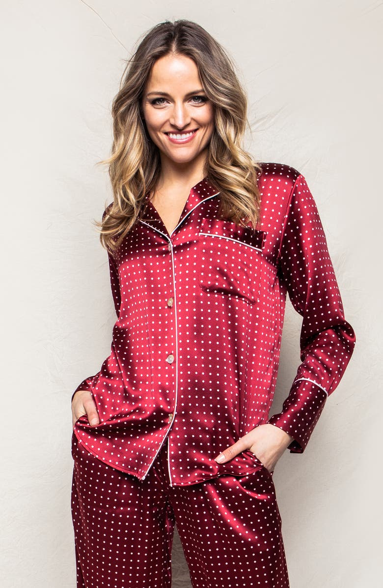 Petite Plume Print Mulberry Silk Pajamas, Alternate, color, Bordeaux