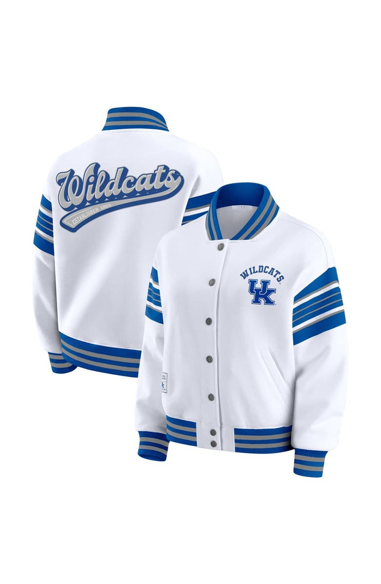WEAR by Erin Andrews Women's WEAR by Erin Andrews White/Royal Kentucky Wildcats Satin Stitch Full-Snap Fleece Sweatshirt Jacket, Main, color, 