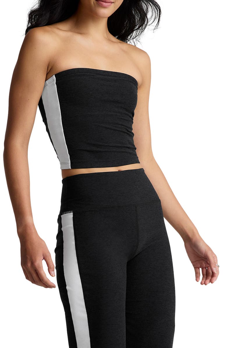 Beyond Yoga Space Dye Strapless Stripe Crop Top, Main, color, Darkest Night/ Cloud White