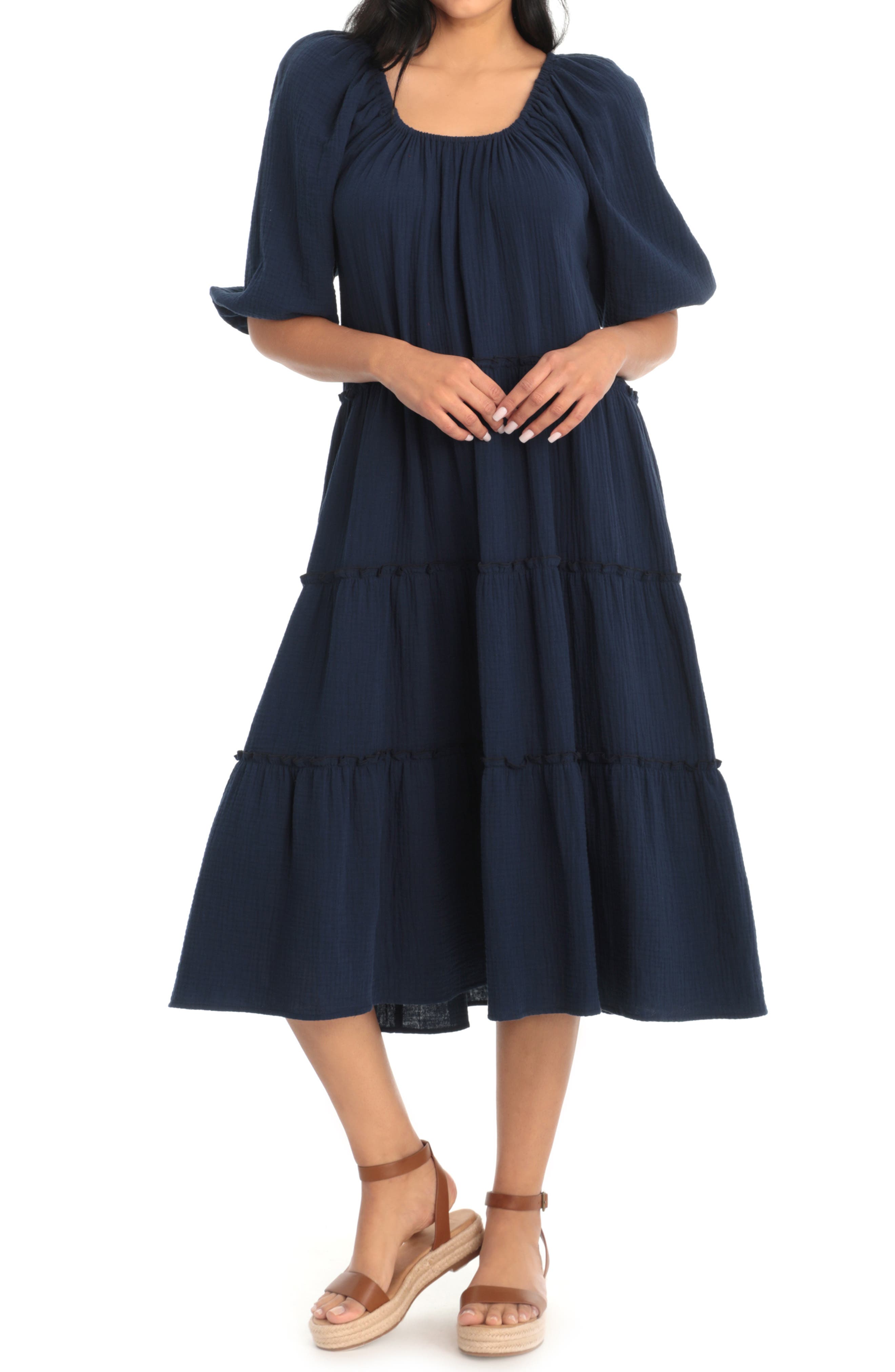 London Times Gauze Tiered Trapeze Midi Dress