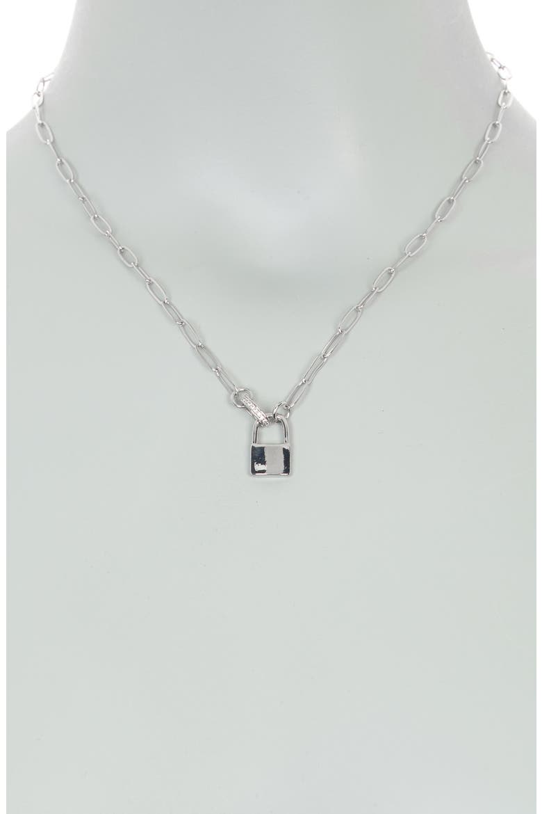 18K Gold Plate CZ Padlock Necklace, Alternate, color, 18KT WHITE PLATED BRASS