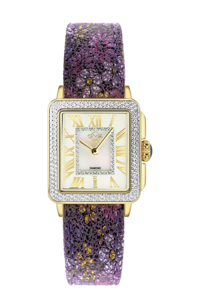 GV2 Padova Diamond Leather Strap Watch, 27mm x 30mm - 0.014 ctw, Main, color, Purple Multi