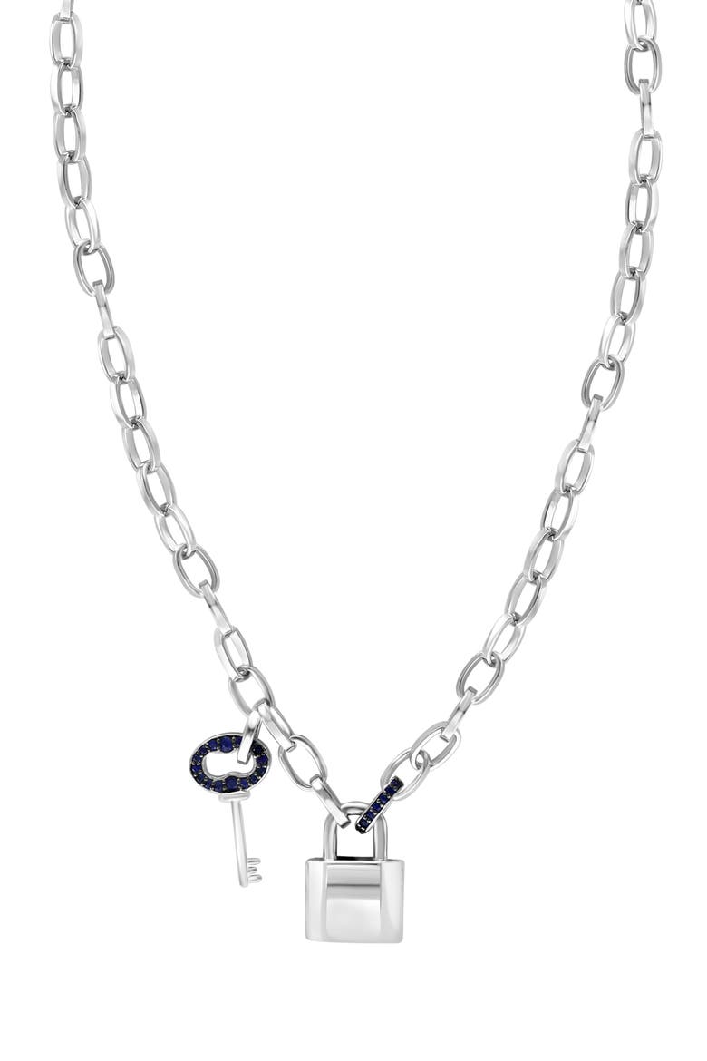 Men's Black Spinel Lock & Key Pendant Necklace, Main, color, SILVER/ BLACK/ BLUE