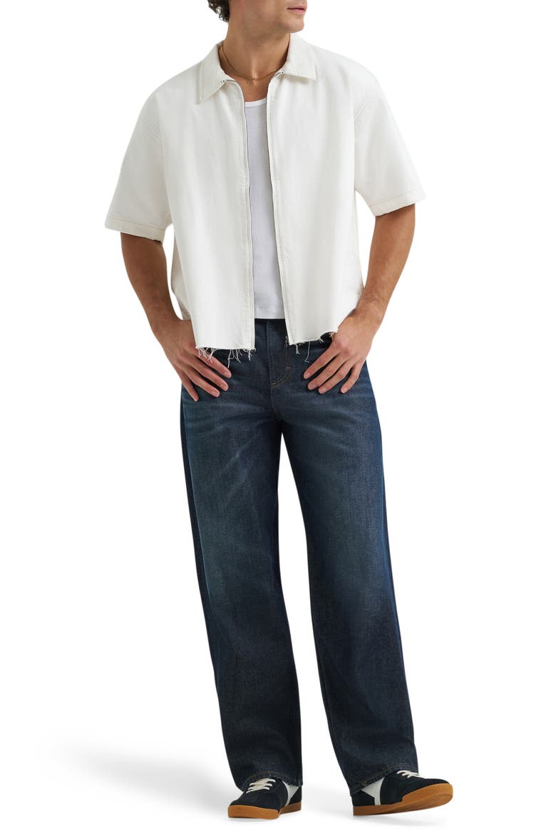 Denim Short Sleeve Zip-Up Shirt, Alternate, color, WHITE