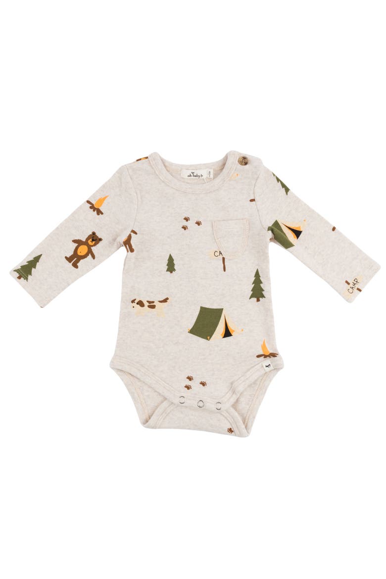 Camping Print Pocket Romper- Infant, Main, color, Malt