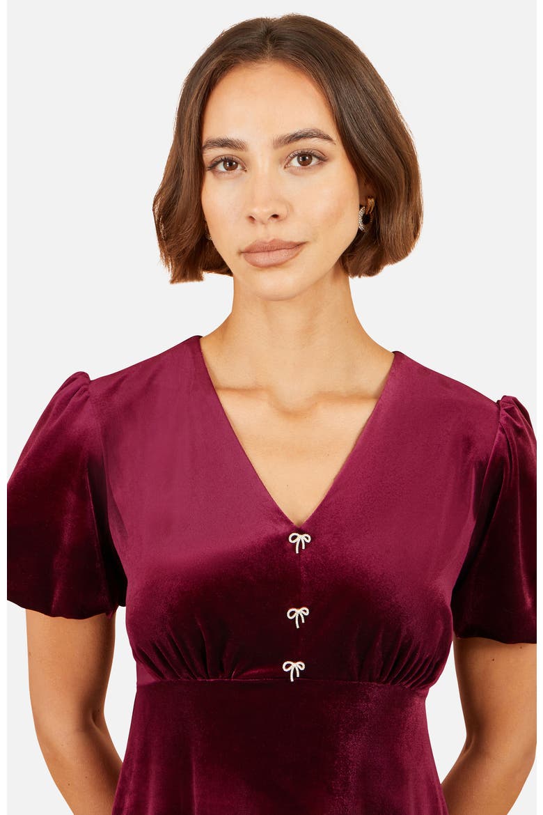 Diamante Bow Velvet Skater Dress, Alternate, color, Burgundy