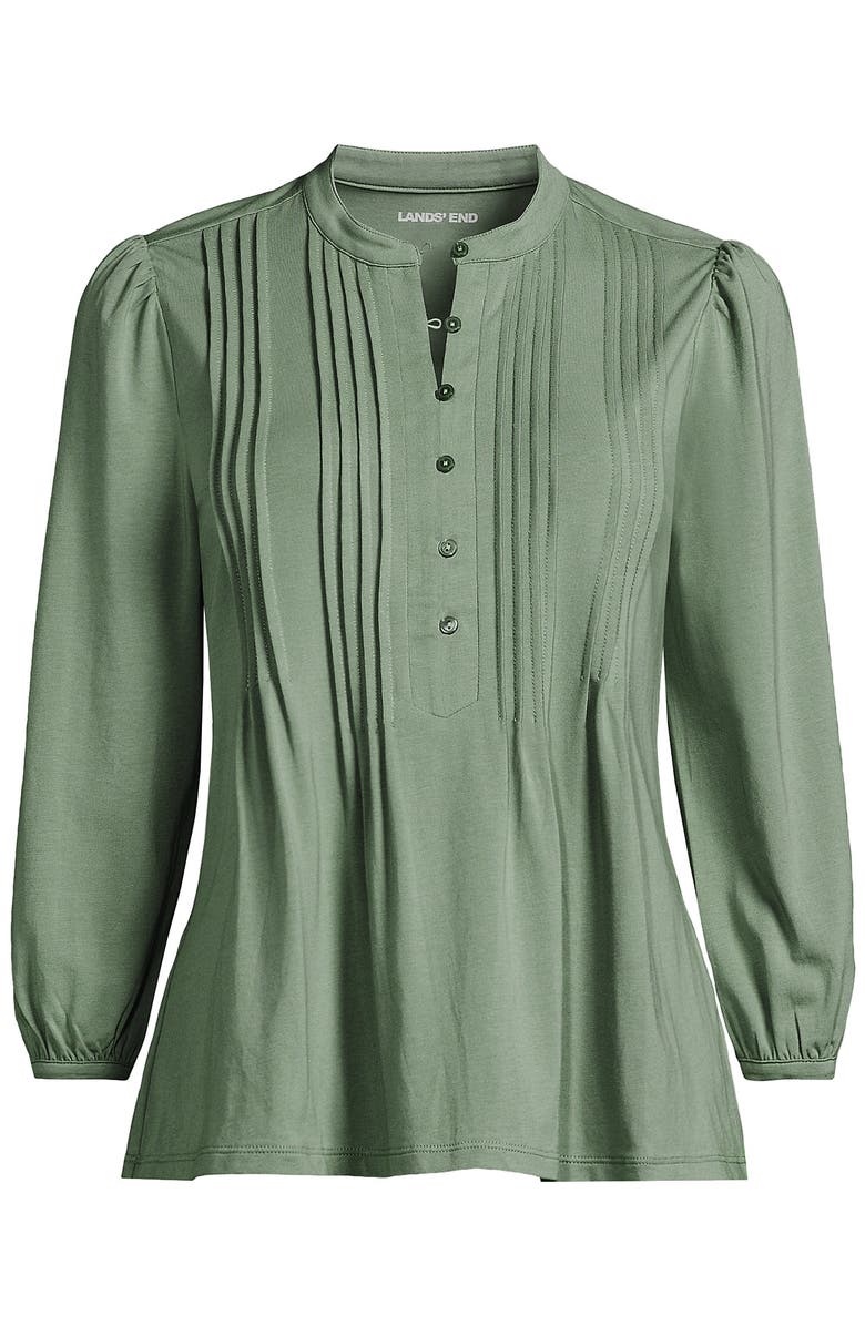 Lands
End Lightweight Jersey Button Pintuck Top, Alternate, color, Lily Pad Green