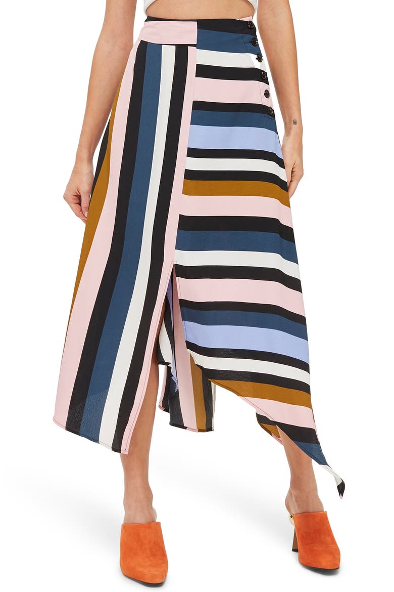 Multi Stripe Asymmetric Midi Skirt, Main, color, BLACK MULTI