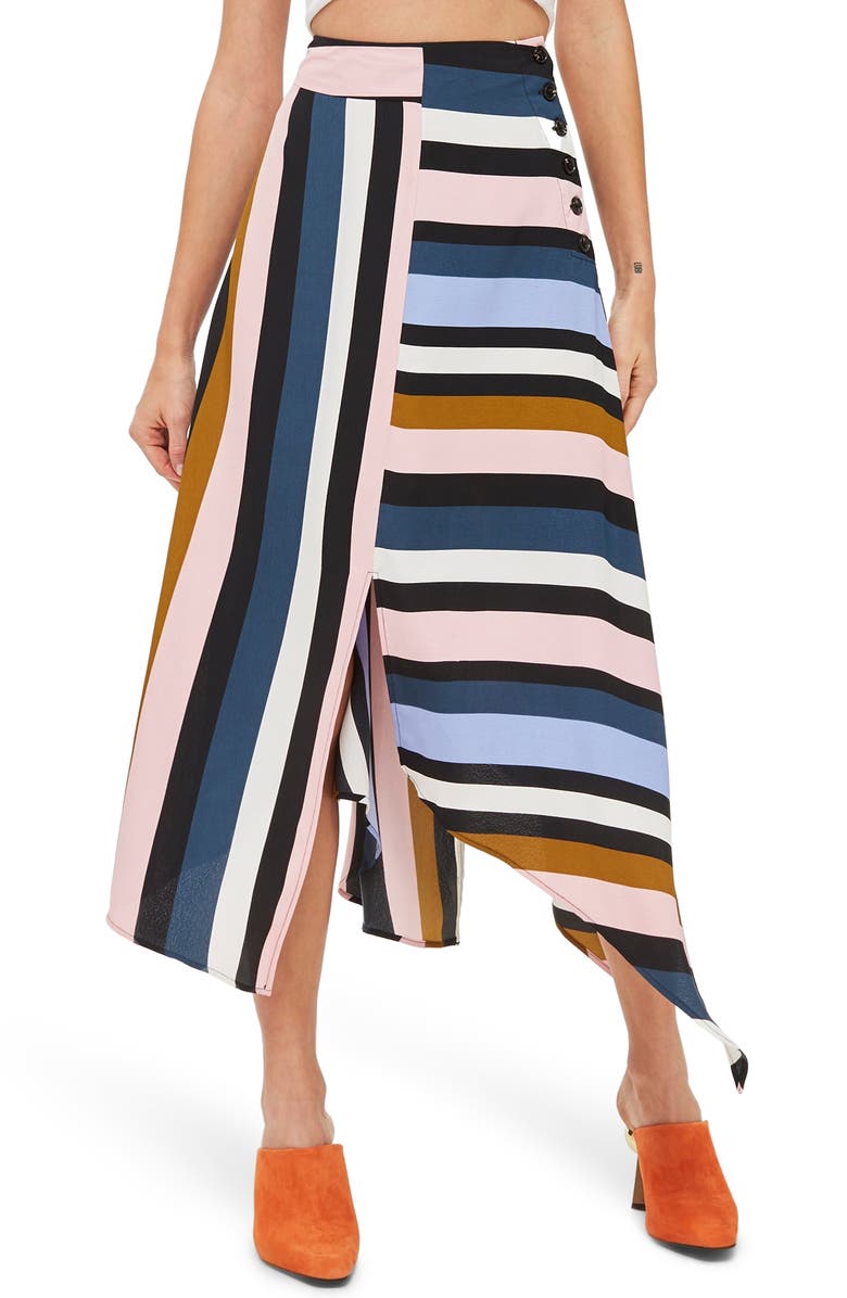 Topshop Multi Stripe Asymmetric Midi Skirt, Main, color, 