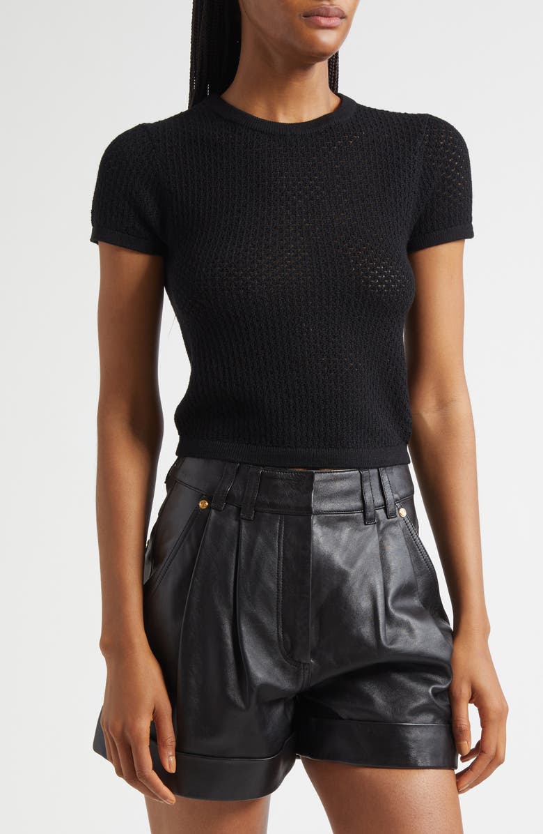 Alice + Olivia Ciara Lace Collar Short Sleeve Wool Blend Sweater, Alternate, color, Black