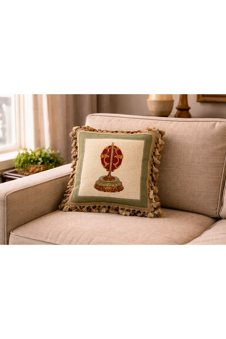 Red Faberge Egg Vintage Needlepoint Accent Throw Pillow 17" x 17", Alternate, color, Off-White