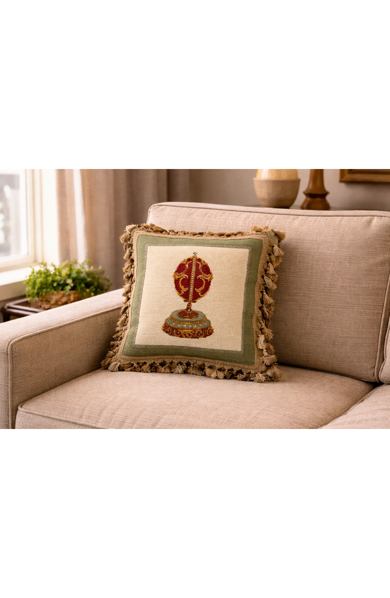 C&F Home Red Faberge Egg Vintage Needlepoint Accent Throw Pillow 17" x 17", Alternate, color, Off-White