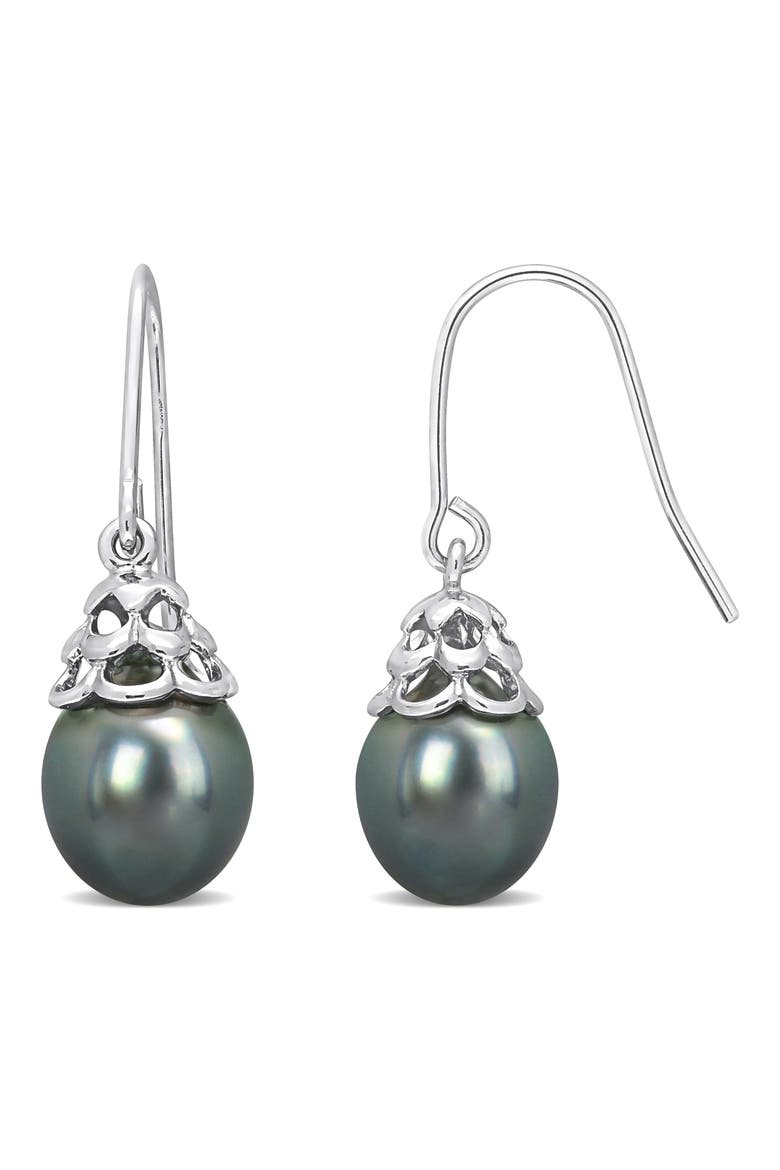 Sterling Silver 8–8.5mm Cultured Black Tahitian Pearl Drop Earrings, Main, color, BLACK