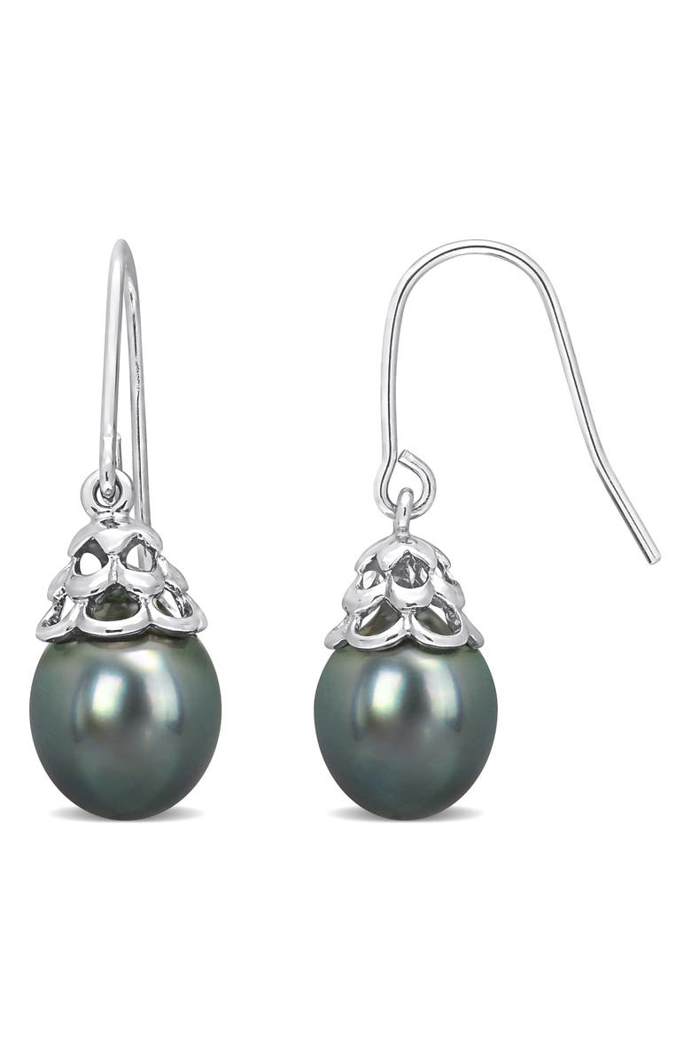 DELMAR Sterling Silver 8–8.5mm Cultured Black Tahitian Pearl Drop Earrings, Main, color, Black