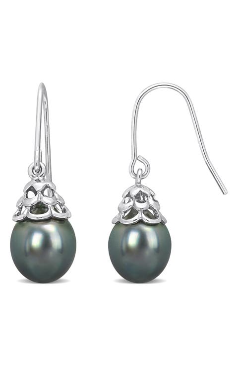 Sterling Silver 8–8.5mm Cultured Black Tahitian Pearl Drop Earrings