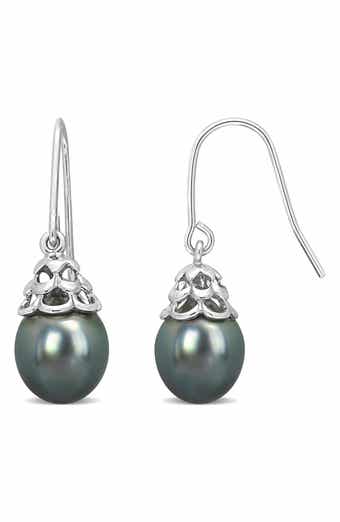 DELMAR Sterling Silver 8–8.5mm Cultured Black Tahitian Pearl Drop Earrings