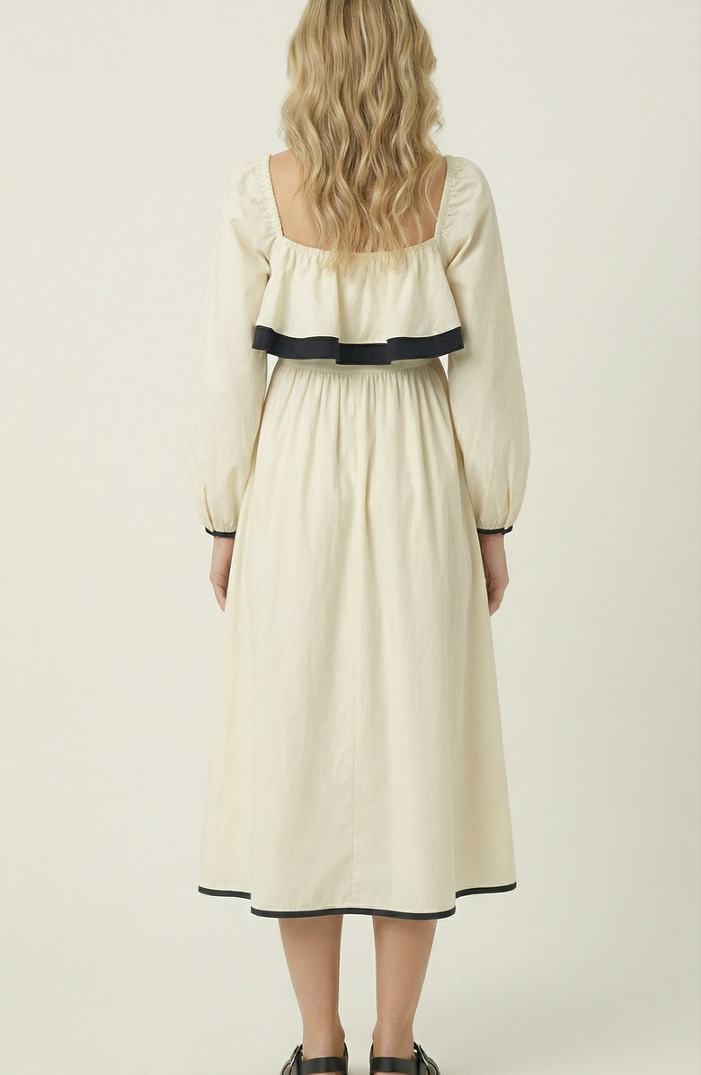 Modenaire Long Sleeve Ruffle Trim Midi Dress, Alternate, color, Ivory