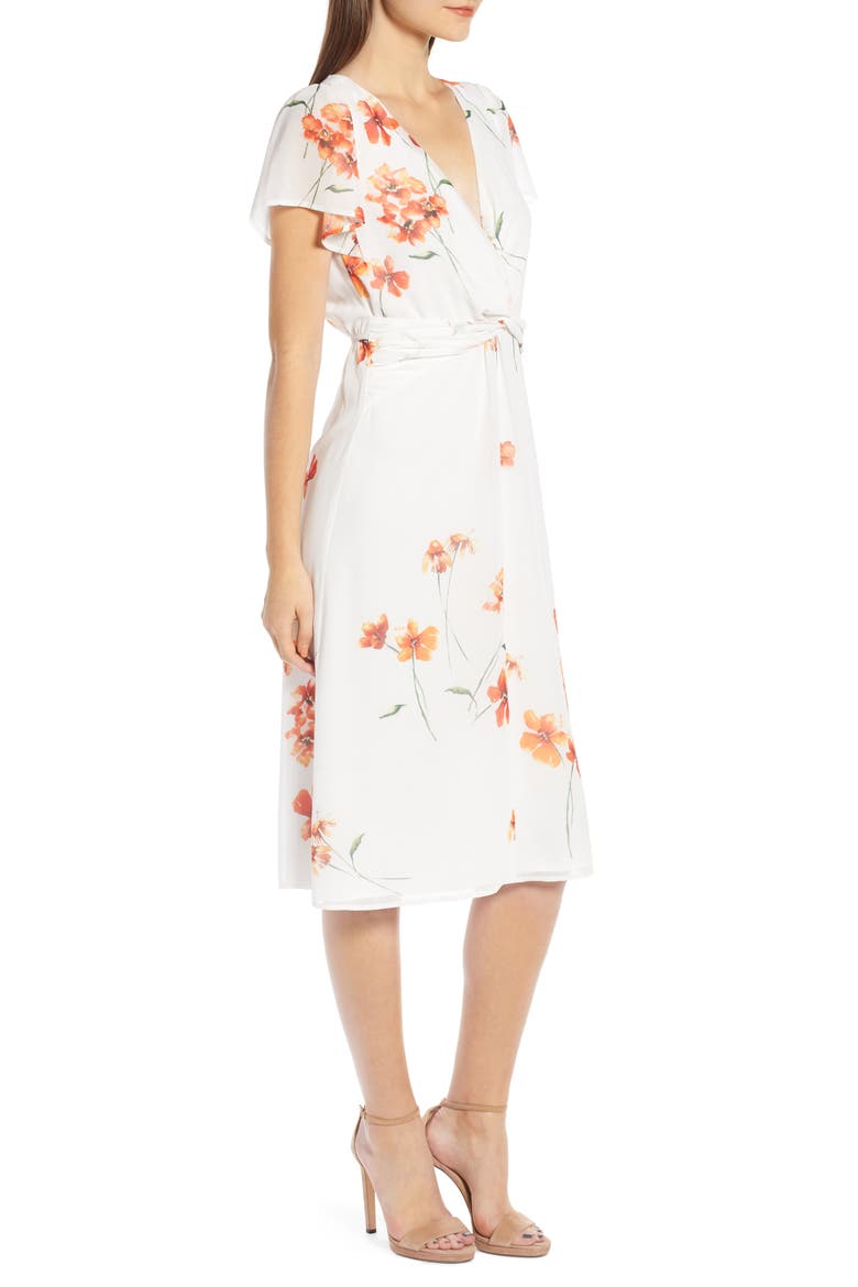 Twist Front Midi Dress, Alternate, color, IVORY ORANGE FLORAL