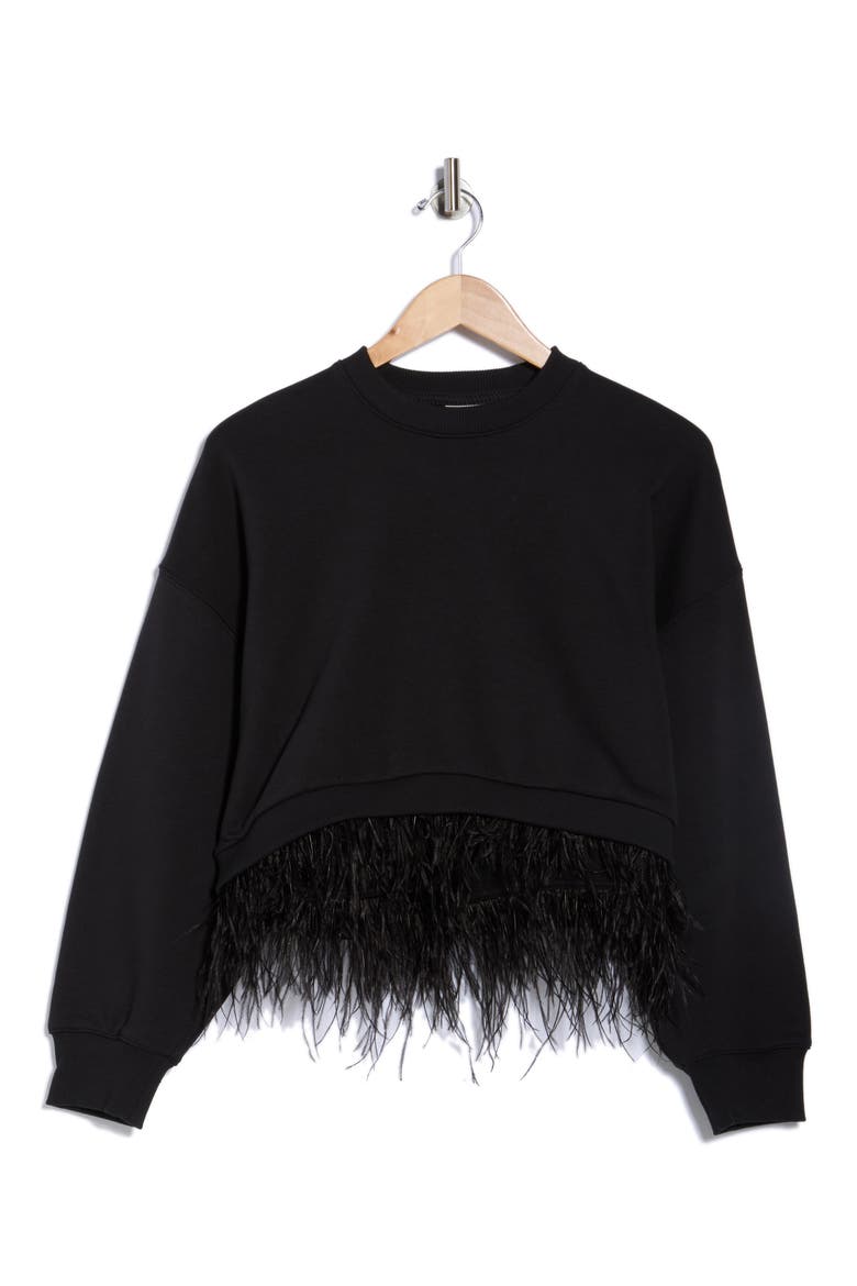Albertine Feather Trim Cotton Blend Sweatshirt, Alternate, color, BLACK