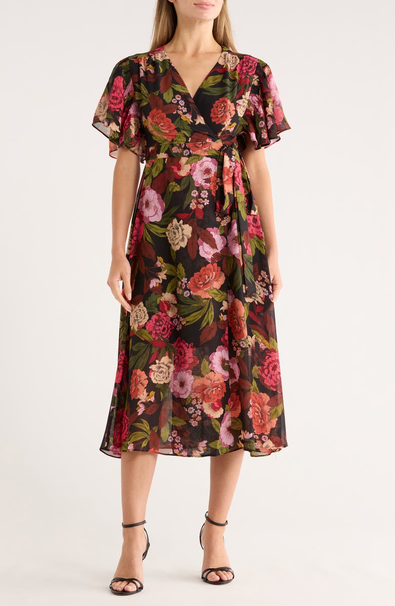 Vince Camuto Floral Flutter Sleeve Chiffon Faux Wrap Dress, Main, color, Black/ Red Floral Multi
