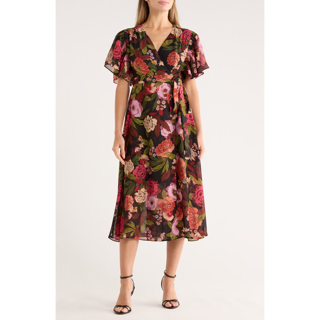 Vince Camuto Floral Flutter Sleeve Chiffon Faux Wrap Dress In Multi