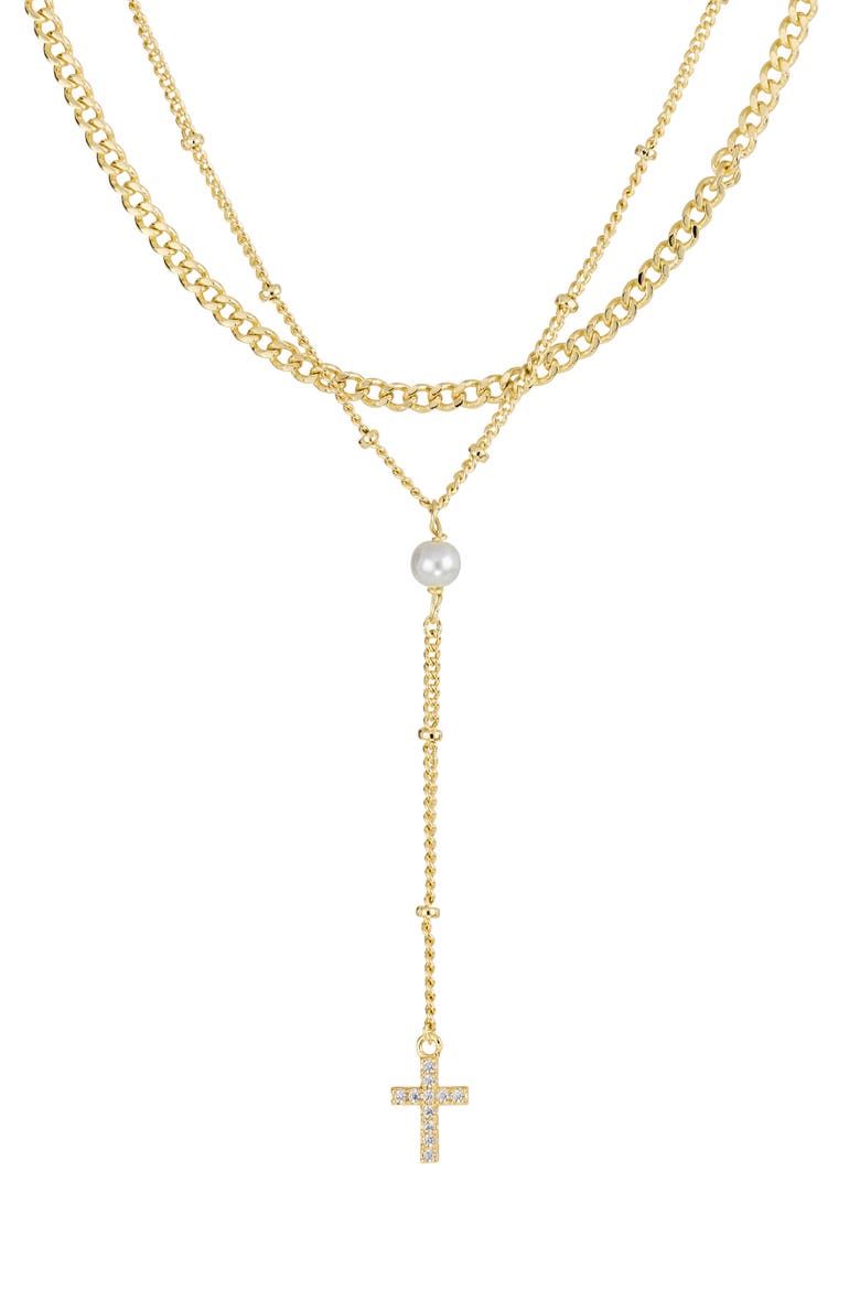 Imitation Pearl & Pavé Cross Layered Y-Necklace, Main, color, GOLD
