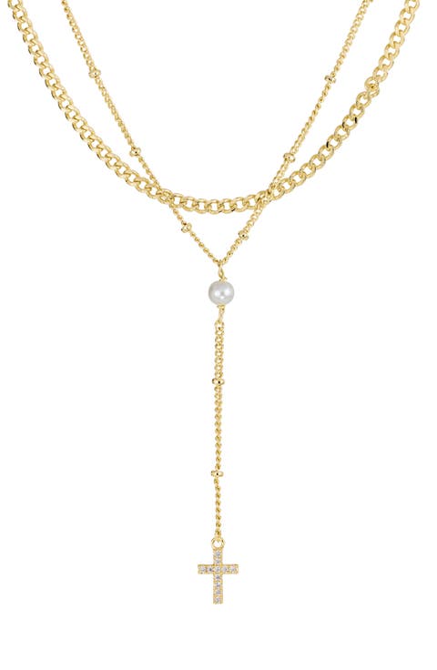 Imitation Pearl & Pavé Cross Layered Y-Necklace