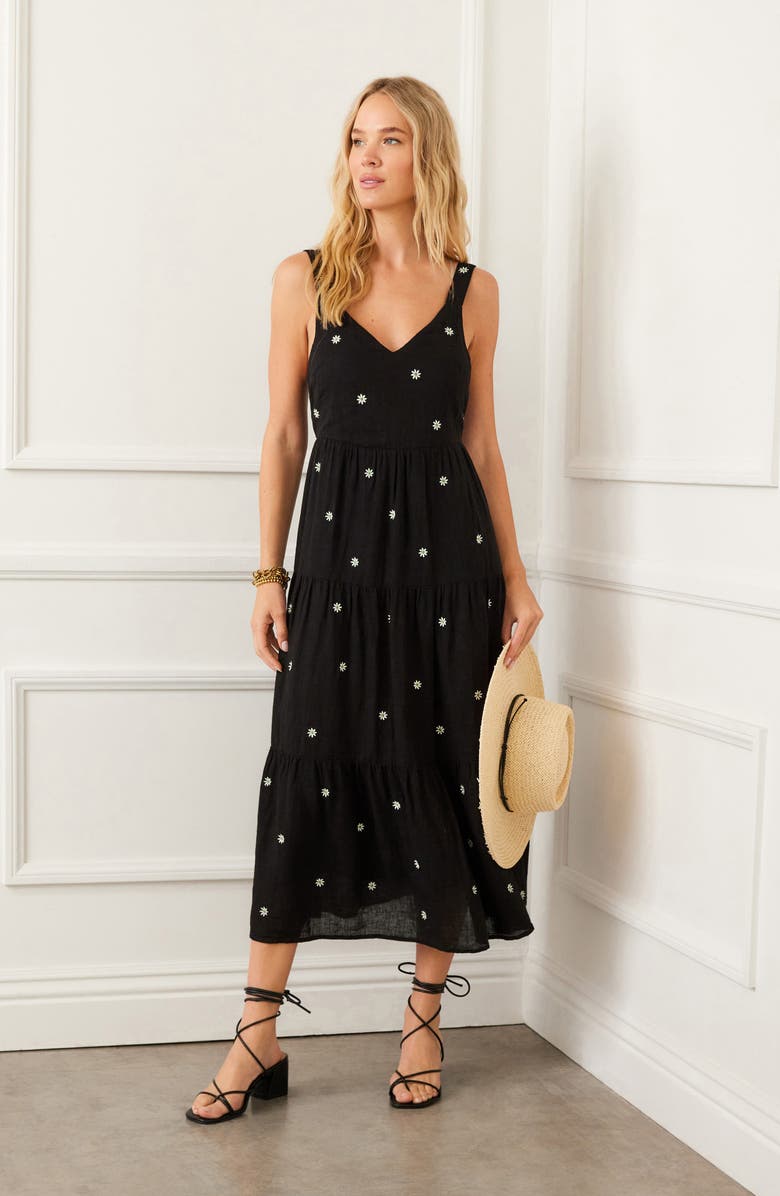 Karen Kane Embroidered Tiered Sleeveless Midi Dress, Alternate, color, Black