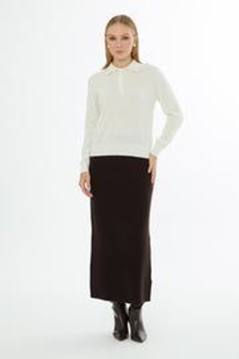 Shirt Collar Button-Front Wool Cashmere Knit Top