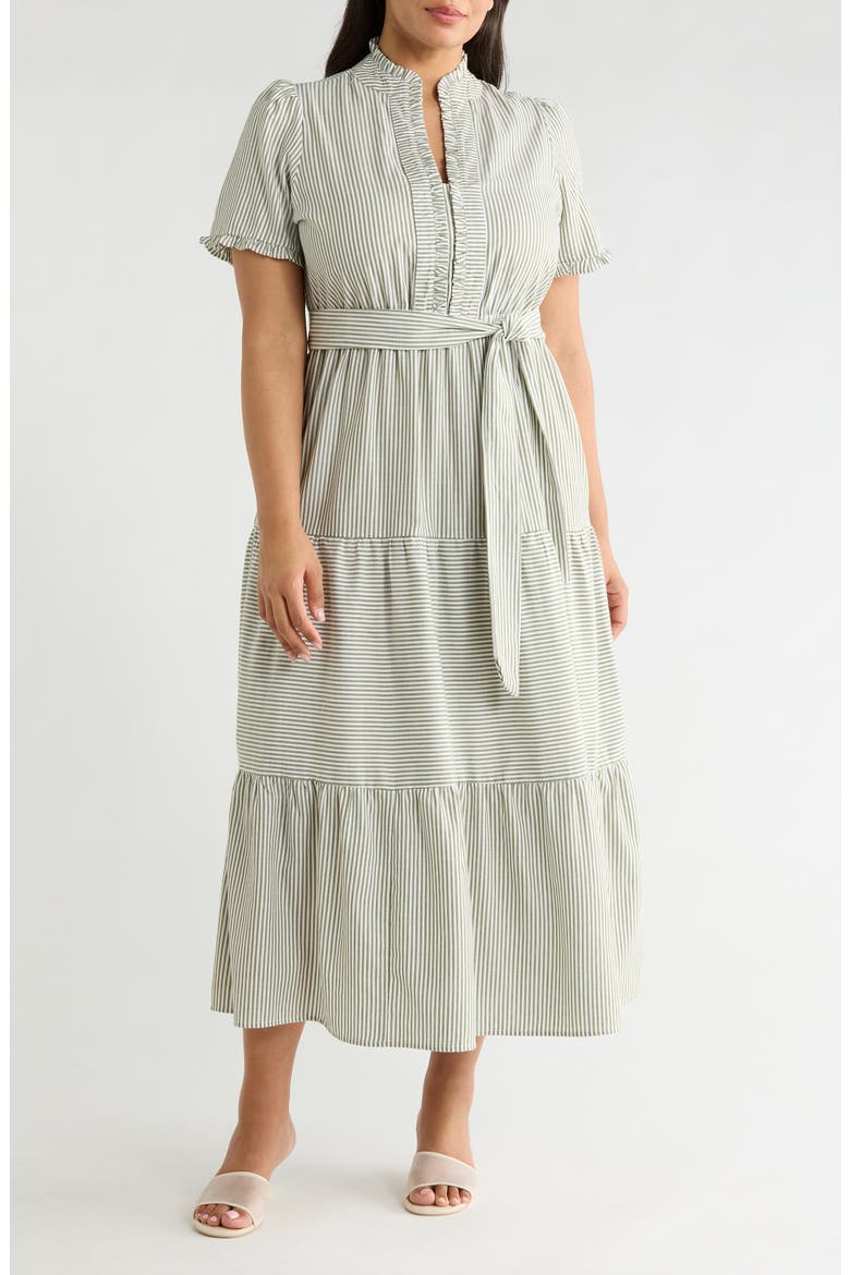Ruffle Tie Waist Maxi Dress, Main, color, GREEN/ WHITE