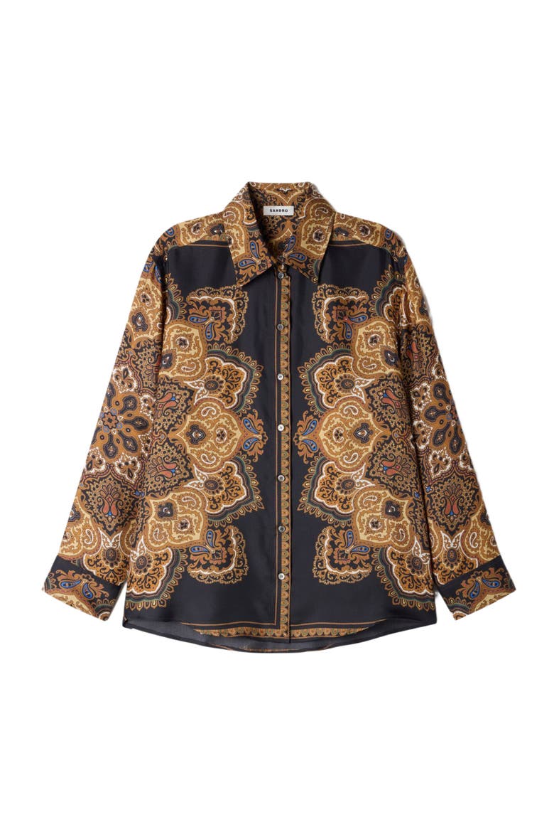 Scarf print silk shirt, Alternate, color, Black / ocher