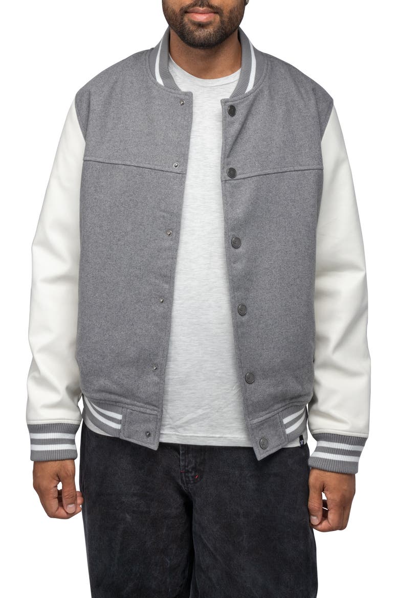 Mixed Media Faux Leather Bomber Jacket, Alternate, color, GREY/ WHITE
