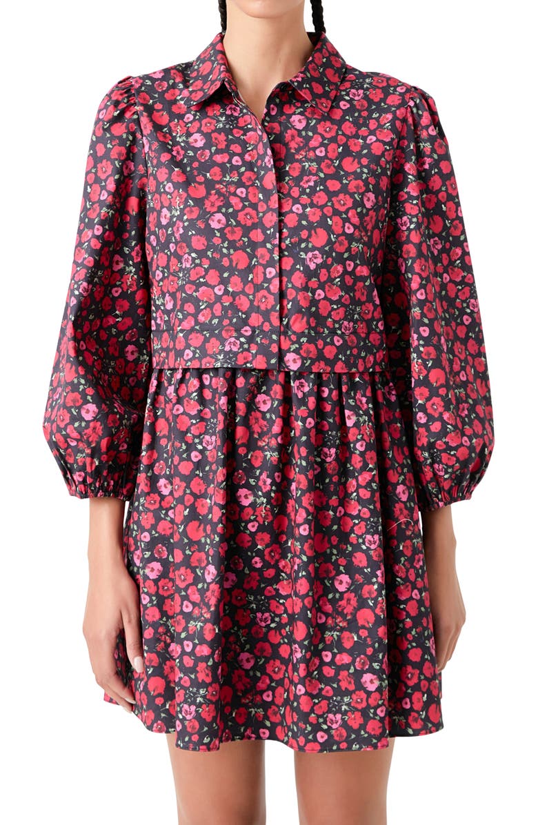 English Factory Floral Mini Shirtdress, Alternate, color, Black/ Pink/ Red
