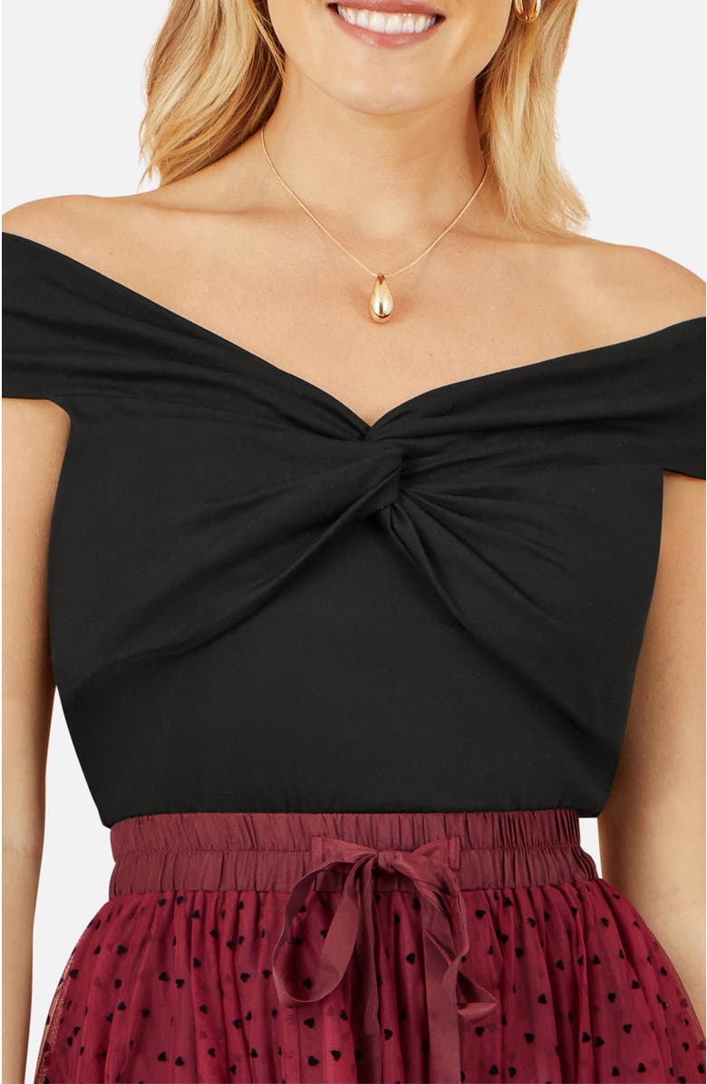 Yumi 100% Cotton Knot Detail Bardot Top, Alternate, color, Black