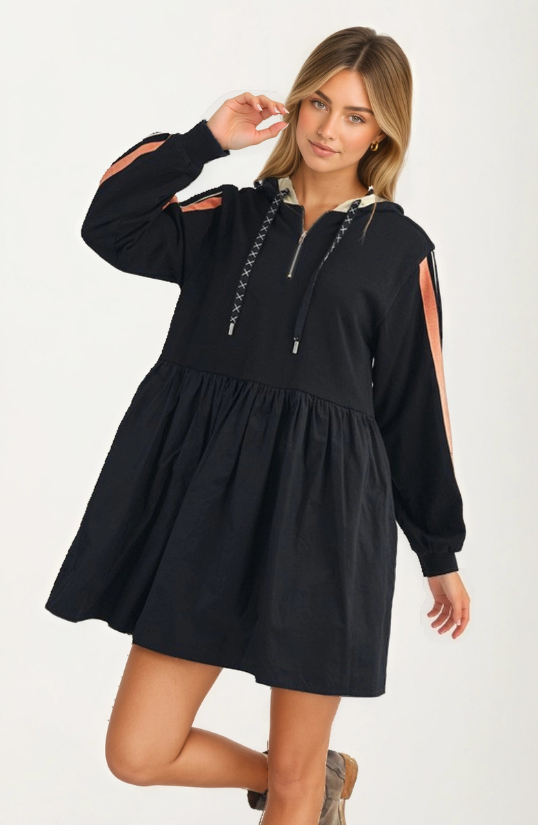 Knit and Lounge Sporty Hoodie Mini Dress with Half Zip and Contrast Sleeve Stripes, Alternate, color, Black