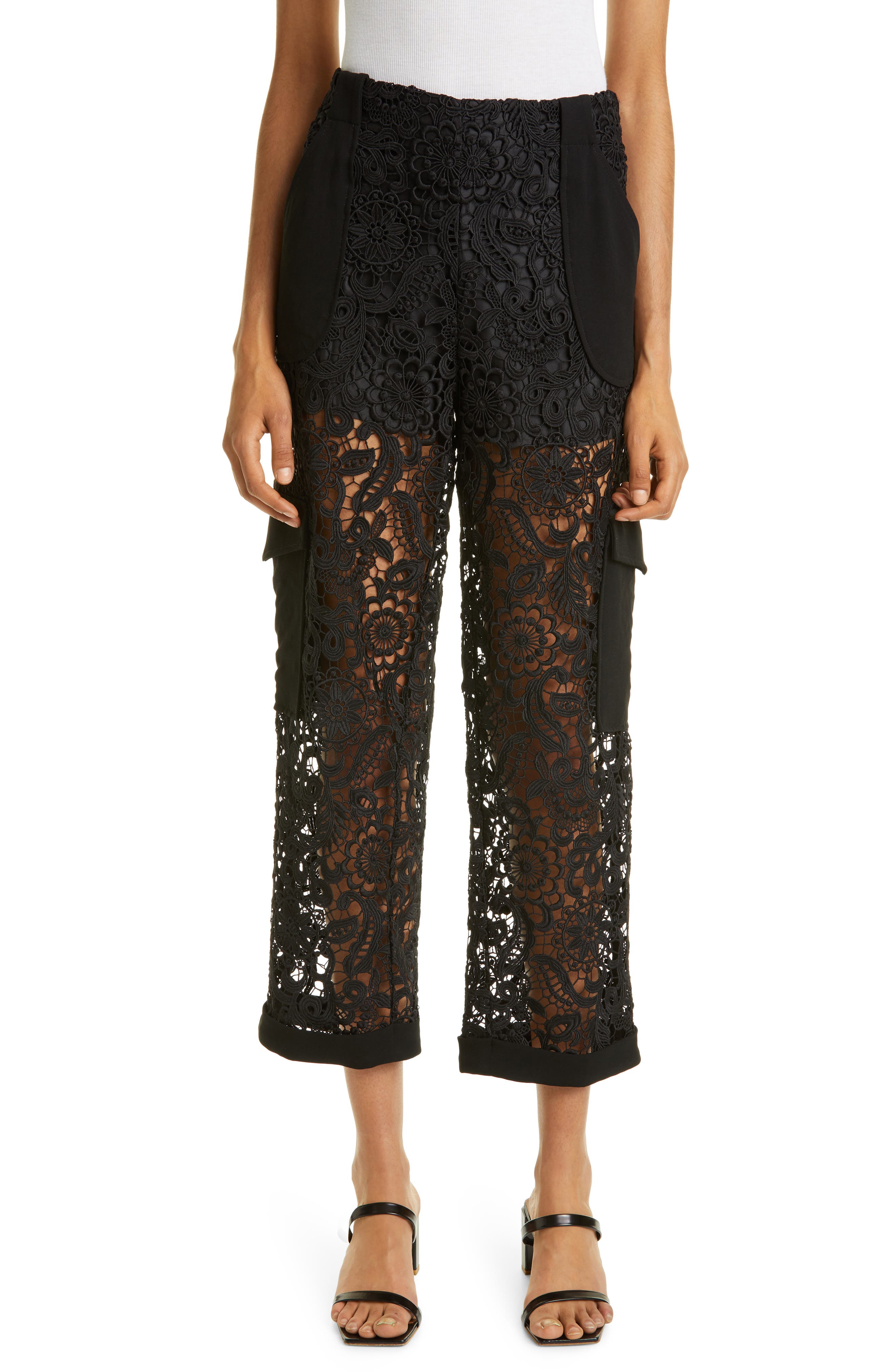 Haute Hippie Crop Lace Cargo Pants in Black 