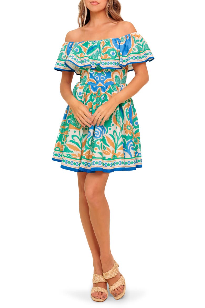 Off-the-Shoulder Print Mini Dress, Main, color, SAGE BLUE