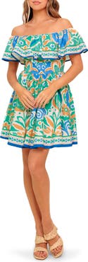 FLYING TOMATO Off-the-Shoulder Print Mini Dress