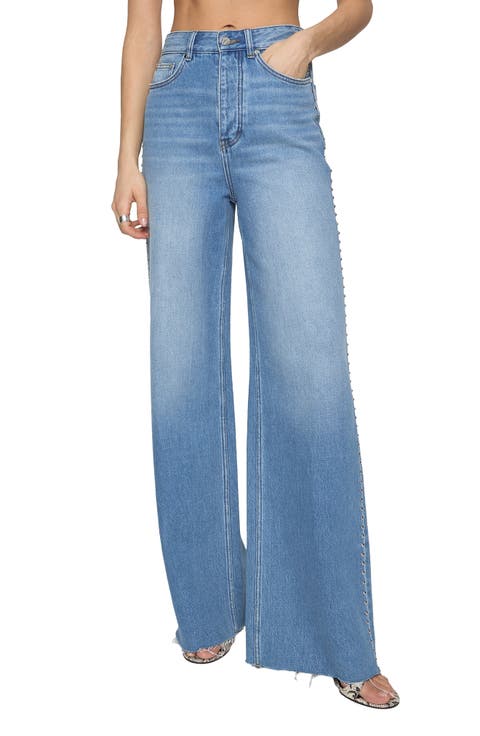 Camille Stud Raw Hem Wide Leg Jeans (Bleeker Wash)
