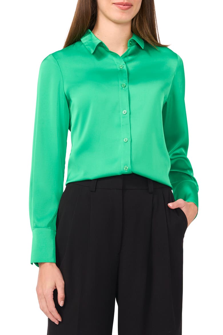 Satin Button-Up Shirt, Main, color, VIVID GREEN
