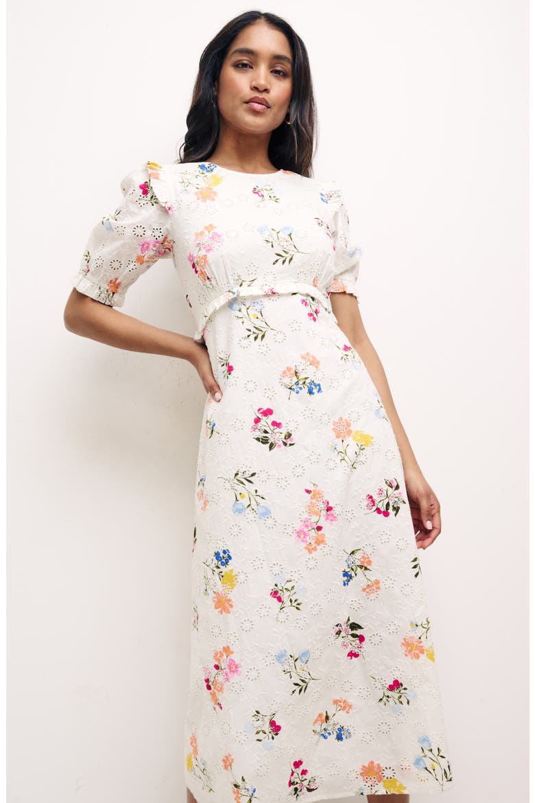 Felicia Floral Broderie Anglaise Midi Dress, Alternate, color, WHITE MULTI