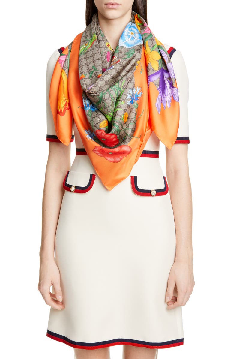 Gucci Big Flora Fluorescent Silk Scarf, Alternate, color, 