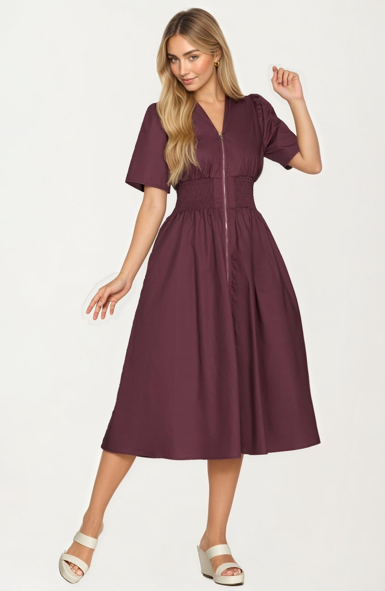 Knit and Lounge Zip-Front Smocked Waist Short Sleeve Midi Dress, Main, color, Burgundy