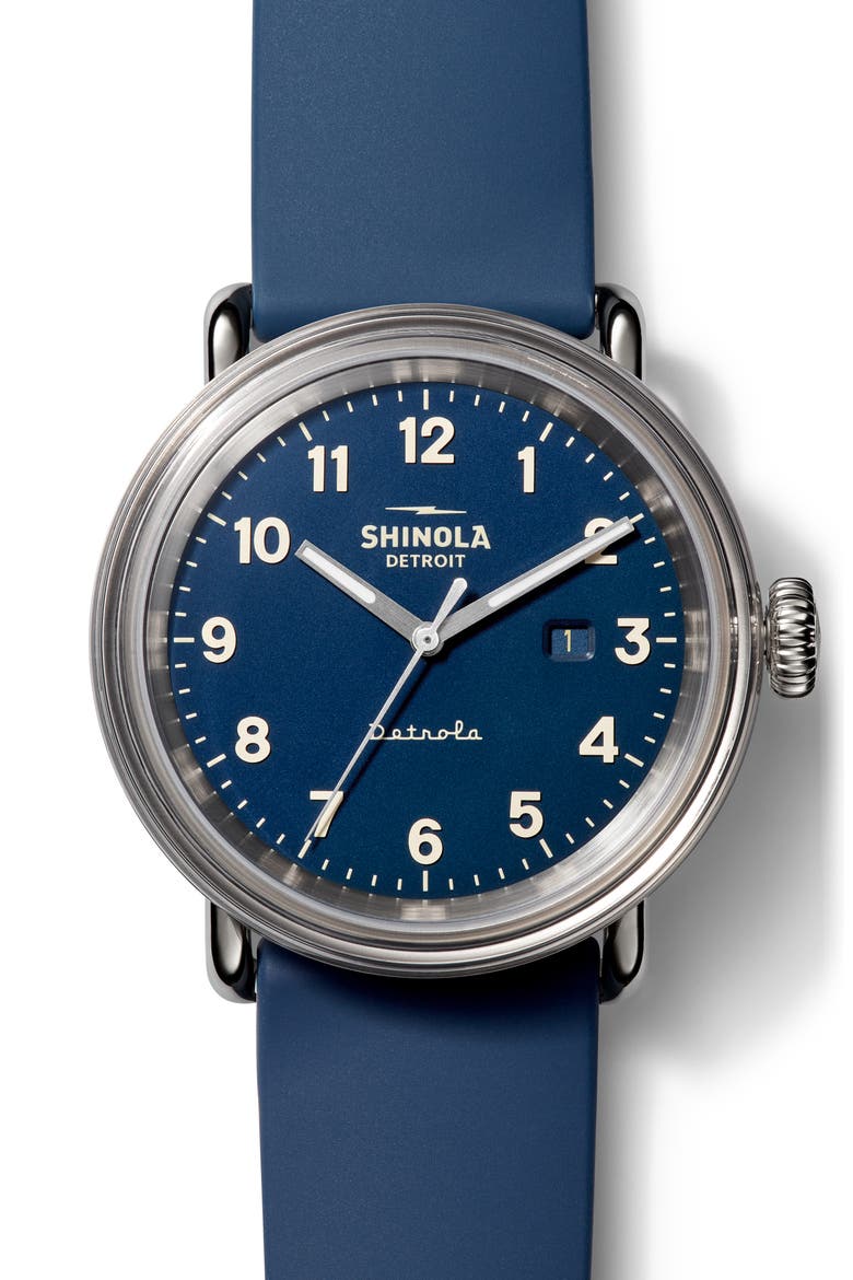 Detrola The Daily Wear Silicone Strap Watch, 43mm, Alternate, color, MIDNIGHT BLUE/ GREY/ SILVER