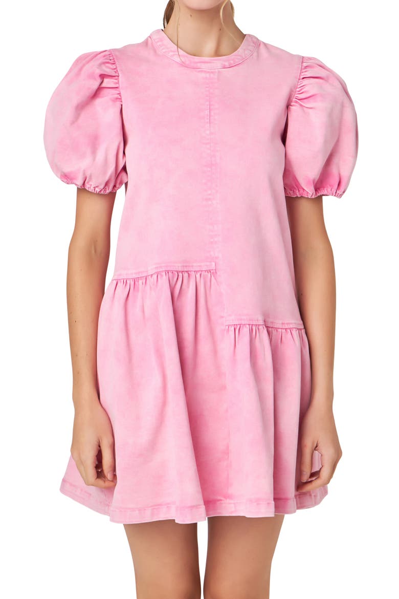 Mixed Media Puff Sleeve Denim Minidress, Alternate, color, PINK